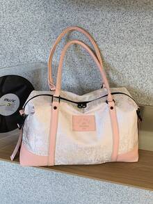 花卉刺繡拼色大容量旅行包，健身手提包與斜背包，短途度假過夜包，返校行李包 - 粉色 - 查看 10
