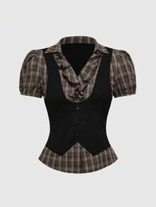 ROMWE Women's Goth Top, Vintage Gothic Style, 2-In-1 College Style, Back To School Summer - Whole Grain Coffee - View 1