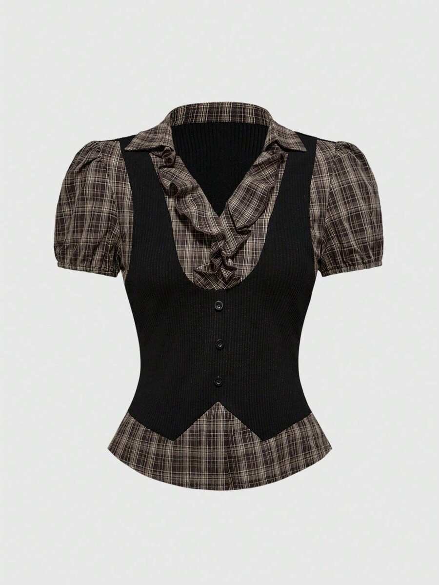 ROMWE Women's Goth Top, Vintage Gothic Style, 2-In-1 College Style, Back To School Summer - Whole Grain Coffee - View 1