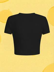 SHEIN X Tom & Jerry Women's Short Round Neck Printed Blouse - Cute & Fashionable, Suitable For Daily Wear Casual Black Summer - Black - View 2