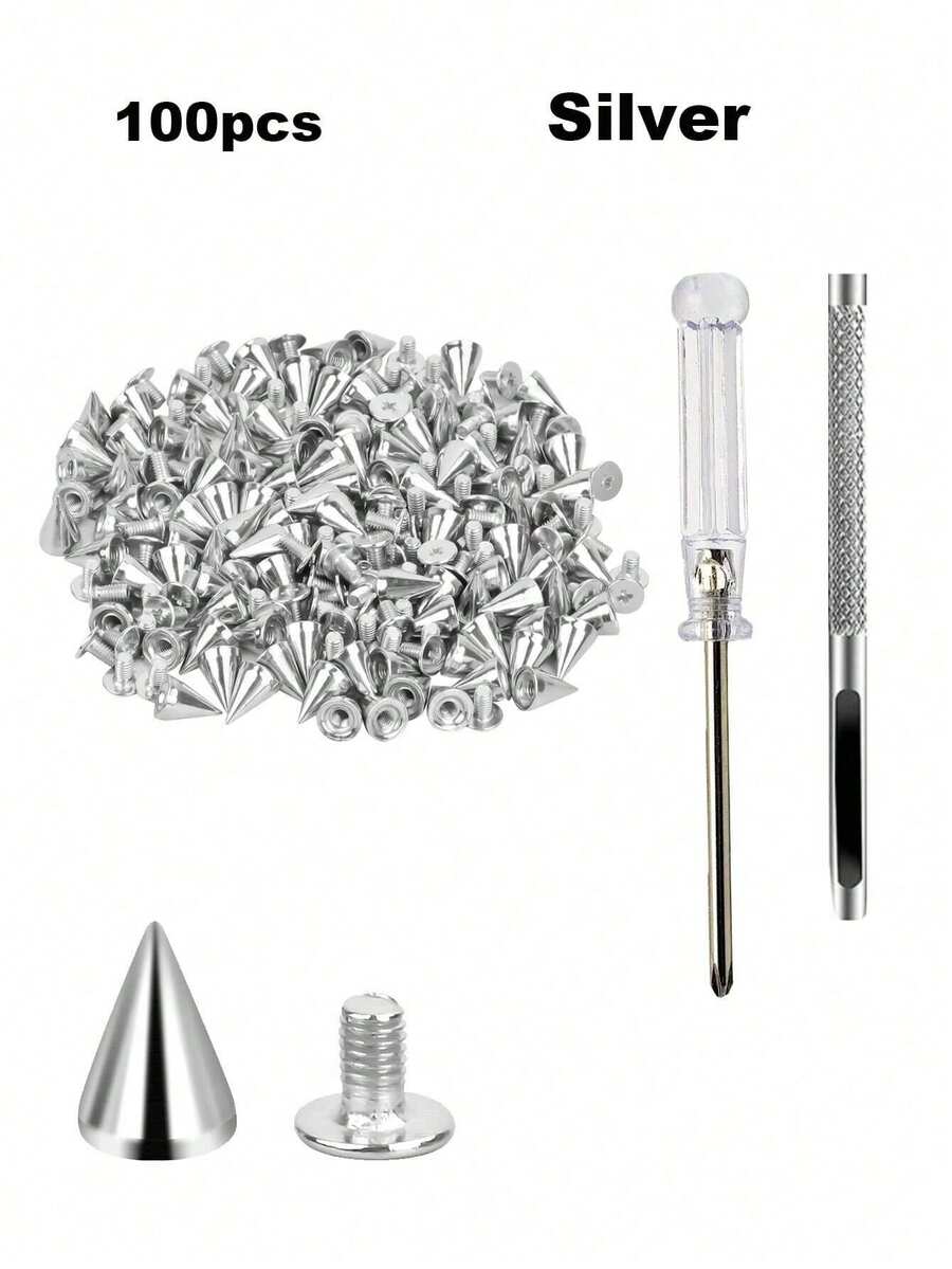 100pcs Punk Rivet Screw Punching Tool, 7 X 10mm, Rust-Resistant Decorative Rivets, Clothing Screw Rivets, DIY Rivets, Screw Rivets, Metal Gothic Spikes, Decorative Rivets, Pointed Rivets, Suitable For Bags, Clothing, Shoes - Cone - View 1