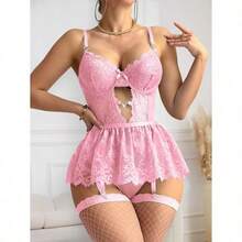 Lilosy Sexy Stocking Rhinestones Heart Garter Underwire Floral Mesh Lace Sheer Babydoll Lingerie Teddy Bodysuit Skirt Set - 粉色 - 查看 6