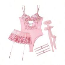 Lilosy Sexy Stocking Rhinestones Heart Garter Underwire Floral Mesh Lace Sheer Babydoll Lingerie Teddy Bodysuit Skirt Set - LoPink - 查看 3