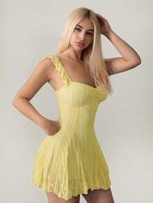 Apricot A-Line Mini Dress With Lace Patches, For Summer - 黃芥菜 - 查看 1