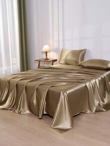 4pcs Gold Premium Solid Color Silk Satin Bed Sheet Set, 1pc Fitted Sheet & 1pc Flat Sheet & 2pcs Pillowcases Mattress Protector Set (Pillow Inserts Not Included) - Gold - View 5