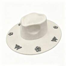 Elegant  Felt Hat With Sparkly Rhinestone Butterfly  Flower Details For Daily  Vacation Outfits - White. - View 1