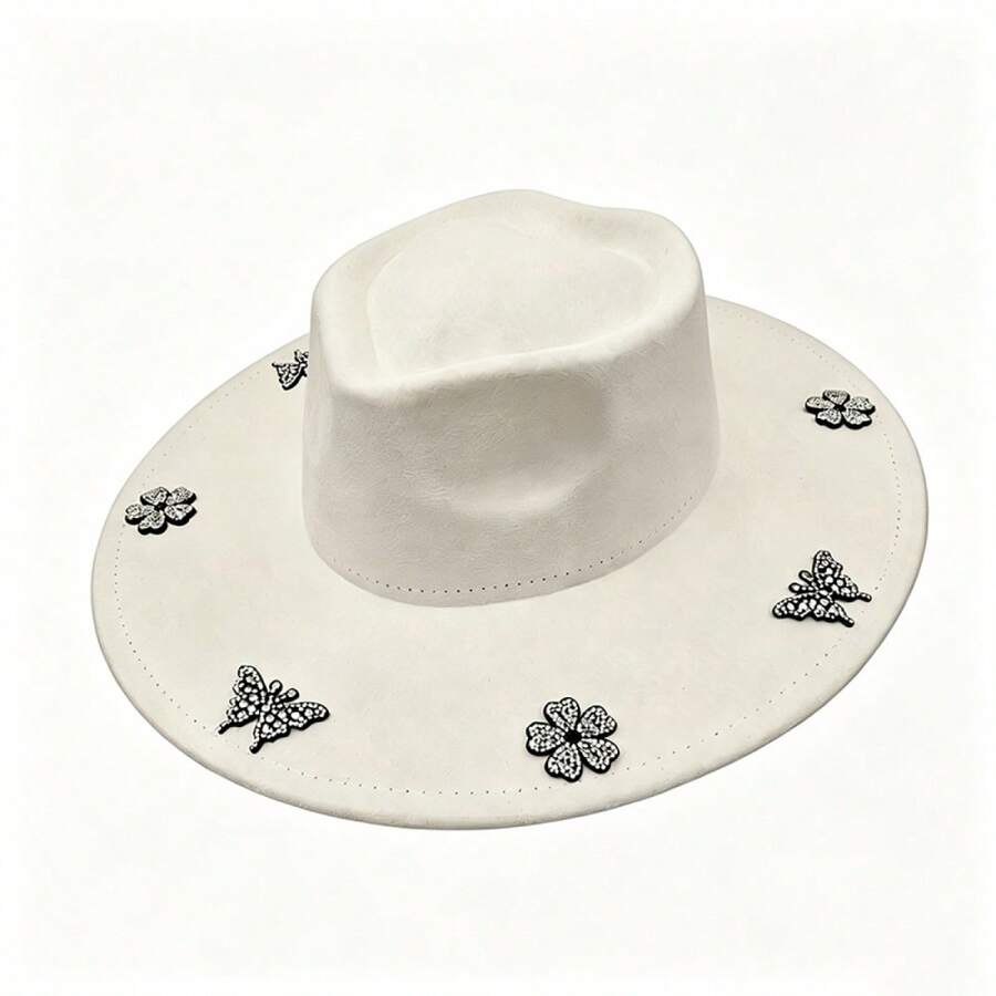 Elegant  Felt Hat With Sparkly Rhinestone Butterfly  Flower Details For Daily  Vacation Outfits - White. - View 1