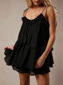 Womens Summer Romper Dress Chiffon Spaghetti Strap Sleeveless Ruffle Tiered Short Jumpsuits Beach Vacation Rompers - Black - View 2