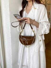 新款復古小眾設計女款時尚寬肩帶斜挎包，休閒百搭胸包、腰包，女款腰包 - 棕色 - 查看 7