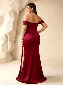 Plus Size Satin Beaded Off-Shoulder Mermaid Formal Dress, Celebrity Style See-Through Beaded Evening Gown, Slimming & Elongating Party Wedding Red - Red - View 4