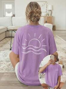 Nueva Colección de Verano 2026, [Estampado de Doble Cara] Ropa Casual Holgada de Primavera/Verano para Mujer, Estampado de Sol y Mar con Líneas Blancas, Camiseta de Manga Corta con Cuello Re - Morado - Ver 1