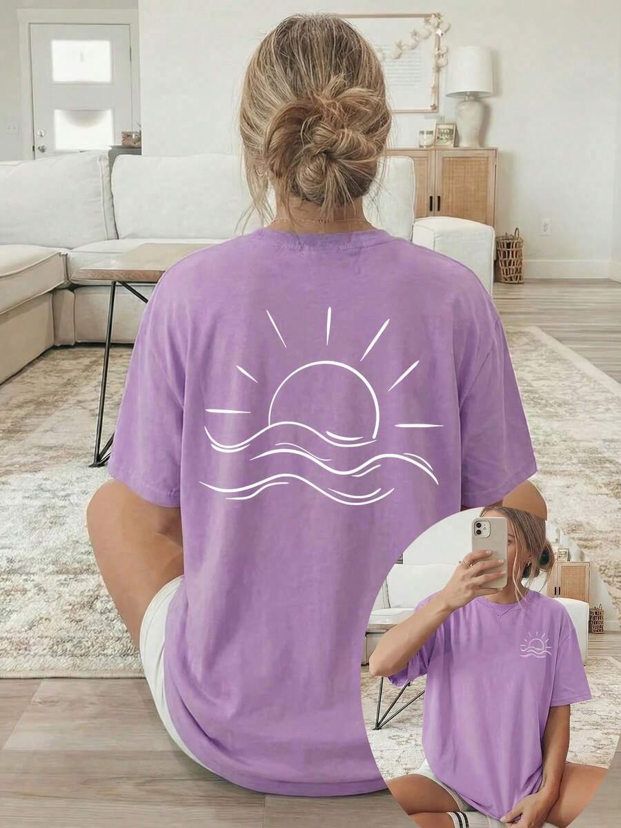 Nueva Colección de Verano 2026, [Estampado de Doble Cara] Ropa Casual Holgada de Primavera/Verano para Mujer, Estampado de Sol y Mar con Líneas Blancas, Camiseta de Manga Corta con Cuello Re - Morado - Ver 1