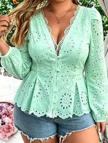 Plus Size Women's Casual Commuter Blouse, Mint Green Embroidered Fabric With Lace Trim, Mushroom Button, Ruched Waist, Single Layer Sleeve, Elegant Vacation Wear - Mint Green - View 2