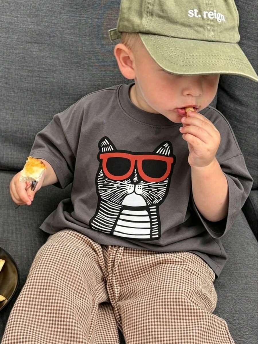 1pc Young Boy Printed Short Sleeve T-Shirt, Student Summer Casual Top, Gift For Kids - Army Green - View 1