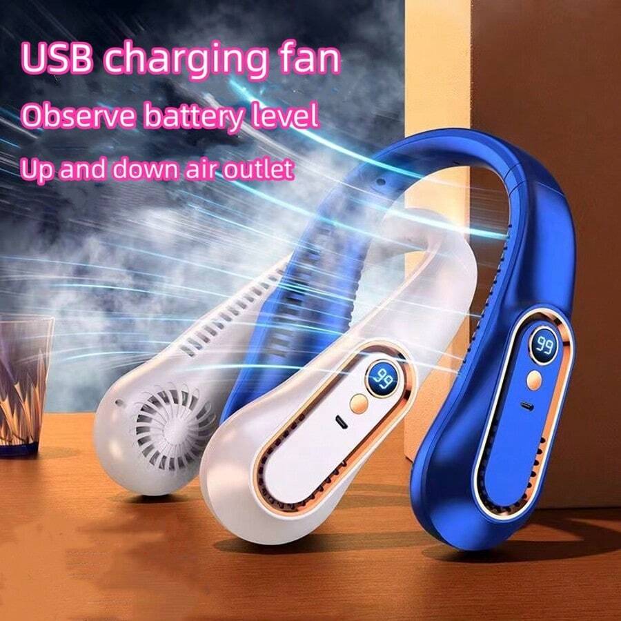 Ventilador de cuello recargable por USB, ventilador de cuello portátil y ajustable de 5 velocidades con pantalla LED de batería y engranaje, batería recargable integrada de 1200mAh, tiempo de carga de 1-2 horas, tiempo de uso de 1-3 horas