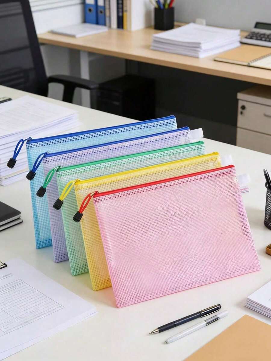 Waterproof A4 Zipper Mesh Document Bag, Cross Stitch And Puzzle Project Bag, Suitable For Travel, School, Board And Office Supplies, School Supplies, Macaron Color Series, 5 Colors - A - View 1