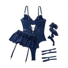 Lilosy Sexy Stocking Rhinestones Heart Garter Underwire Floral Mesh Lace Sheer Babydoll Lingerie Teddy Bodysuit Skirt Set - 藏蓝色 - 查看 5