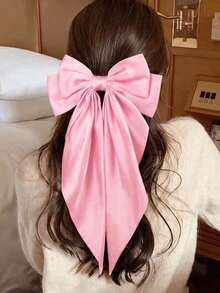 1pc/Vintage Satin Ribbon Long Tail Bow Elastic Hair Band, Elegant Layered French Hair Accessory For Girls, Suitable For Daily Wear,Claw Clips - Pink - View 4