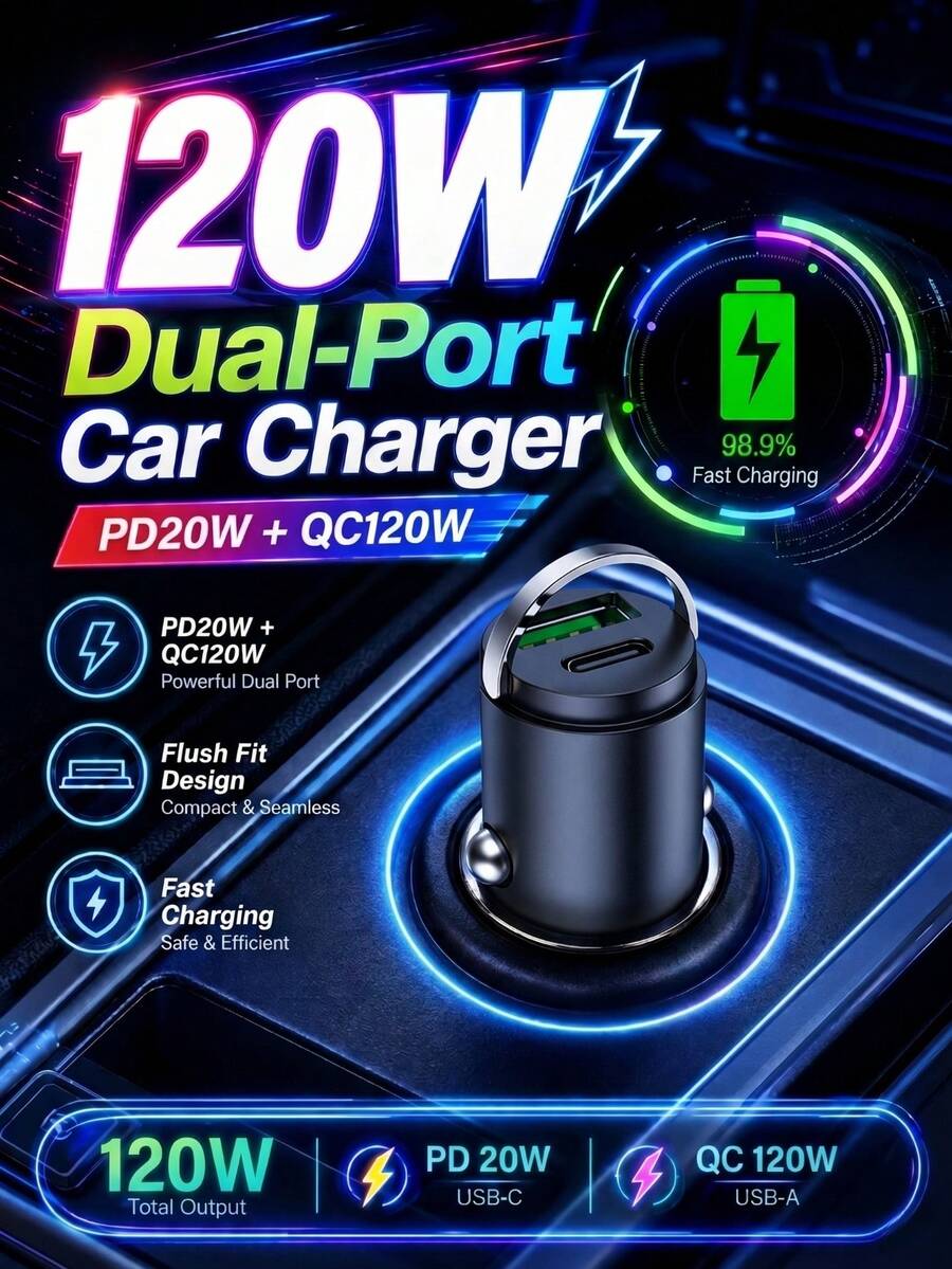 XF.Meraki 120W Mini 拉環式車充 – PD/QC 快充,Type-C,便攜合金適配器;小巧便攜,汽車配件,情人節禮物,聖誕禮物 - 120W快充 - View 1