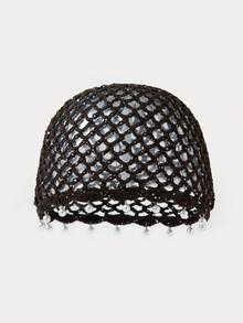 1pc Women's Cute Casual Style Fashion Hollow Breathable Handmade Woven Rhombus Pearl Decor Knitted Bucket Hat For Travel, Beach, Vacation, Photos, Daily Wear - Pearl - View 16