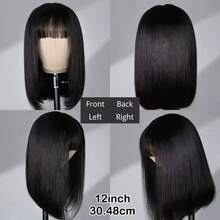 Straight Wig With Bangs Full Machine Made Wigs Synthetic Hair Wig Wear And Go Wig 200% Density Non Lace Front Wig For Women Short Bob Straight Glueless Bangs Wig Natural Black Color With Bangs For Women Daily Wear/Special Events - Natural & Black - View 6