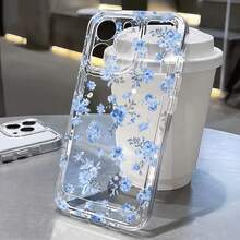 1pc Transparent Space Shell Blue Floral Pattern Phone Case Personalized Compatible With IPhone 16 Pro Max 17/16/15/14 Plus/13/12/11 Protective Case Air Compatible With Samsung Series - Multicolor - View 3