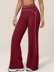 TimeOff Women's 1pc Contrast White Line High Waist Tummy Control Butt Lift Wide Leg Sports Pants - Burgundy - View 9