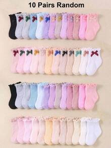 10 paia di calzini alla caviglia con volant colorati casuali per bambini, decorati con fiocco bianco, calzini comodi, traspiranti e morbidi, adatti per neonati e bambini piccoli - Multicolore - Visualizzare 10
