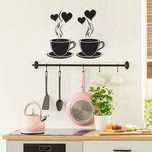 1PC 20*30cm 2D Coffee Cup & Heart-Shaped Steam Pattern Wall Sticker, Removable Black Silhouette Wall Decal, Suitable For Kitchen Coffee Bar Decor - Multicolor - View 4