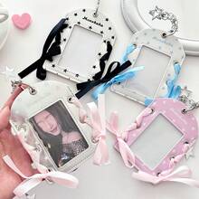 1pc Y2K Star Pattern Photocard Holder, Cute Ribbon Bow Idol Photo Card Keychain, 3 Inch Mini Card Display Case With Chain, Aesthetic Bag Charm For Fans, Back To School Stationery - Card Sleeve - View 4
