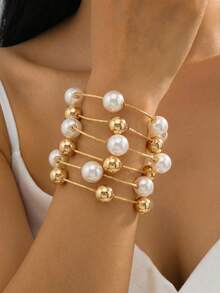 NAIZHU 3/6er Set modische europäisch-amerikanische übertriebene Armbänder mit Kunstperlen und Metallkugeln, tägliche Party-Accessoires für Damen - Verschiedenfarbig - Übersicht 2