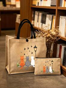 Large Capacity Women's Fashion Handbag, Cat Back Print Tote Bag, Supermarket Shopping Travel Storage Bag, Simple And Fashionable, Linen Handbag, Back To School Storage, Outdoor Travel Storage, Suitable For Girls, College Students, White-Collar Workers, Suitable As Birthday Gift, Teacher's Day Gift, Graduation Gift, Back To School Gift, Holiday Souvenir, Wedding Accessory - Multicolor - View 7