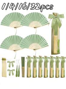 1/4/16/32入 綠色摺疊手扇 飾有蝴蝶結與流蘇 附贈禮品袋 優雅婚禮伴手禮與裝飾 適合新娘派對、婚宴、生日派對，亦可作為伴娘拍照道具 - 多色 - 查看 1