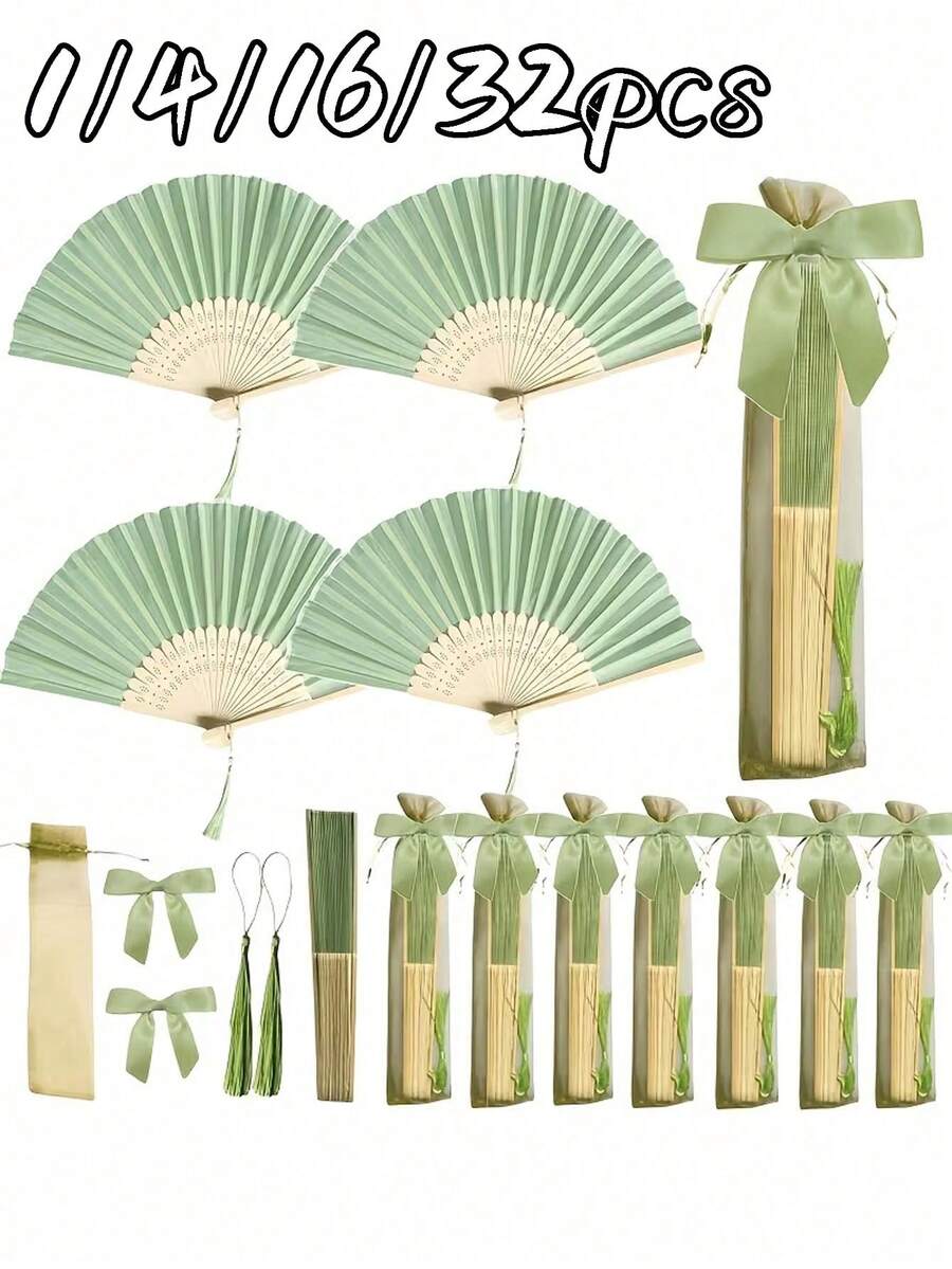 1/4/16/32入 綠色摺疊手扇 飾有蝴蝶結與流蘇 附贈禮品袋 優雅婚禮伴手禮與裝飾 適合新娘派對、婚宴、生日派對,亦可作為伴娘拍照道具 - 多色 - 查看 1