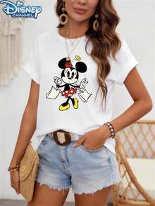 Disney Cute, T-Shirt, Minnie Mouse Print, Cotton Blend, Women's Casual Wear, One Size(2) - 白色 - 查看 4