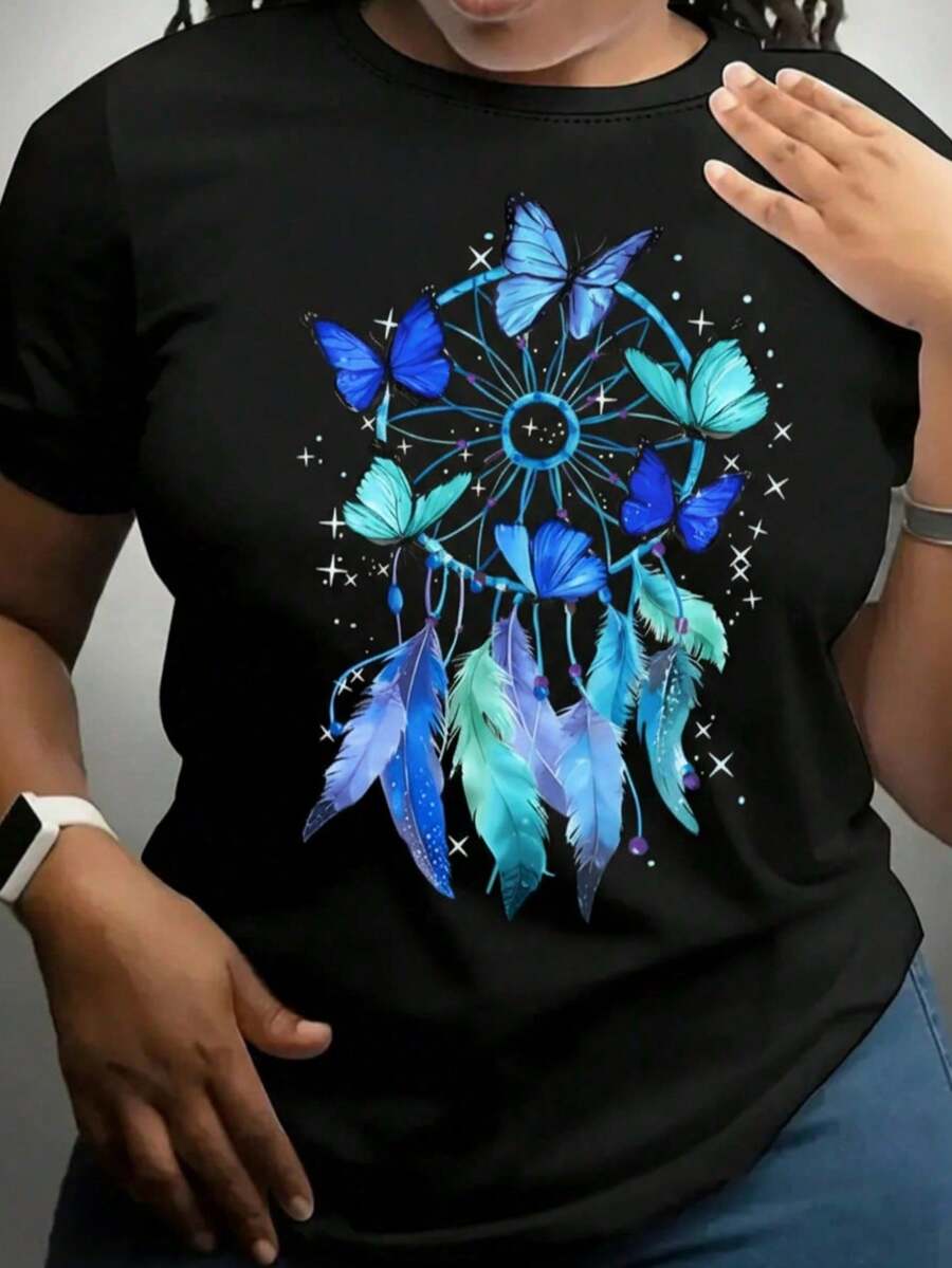 Short-Sleeved T-Shirt With Colorful Print, Casual Round Neck Blouse, Women's Clothing For Spring And Summer 1 Sexy Casual Sweet Party Elegant High Elasticity Beach Vacation Bo - 黑色 - Black16 - 查看 1