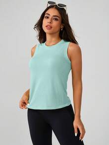 Leorrey 1pc Women's Fashion Elastic Round Neck Sleeveless Backless Beautiful Back Comfortable Soft Sports Tank Top - Blue - View 8