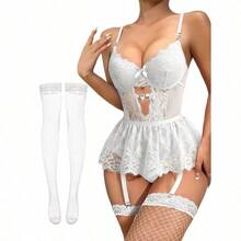 Lilosy Sexy Stocking Rhinestones Heart Garter Underwire Floral Mesh Lace Sheer Babydoll Lingerie Teddy Bodysuit Skirt Set - 白色 - 查看 1