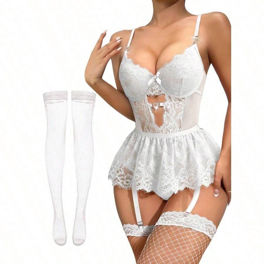 Lilosy Sexy Stocking Rhinestones Heart Garter Underwire Floral Mesh Lace Sheer Babydoll Lingerie Teddy Bodysuit Skirt Set - 白色 - 查看 1