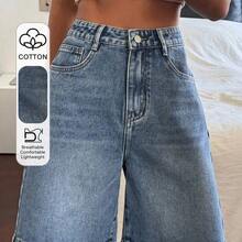 xuehuamaoyi02  Shorts vaqueros tipo bermuda de ajuste holgado con bolsillos para mujer, estilo Y2K para el verano - Azul - Ver 2