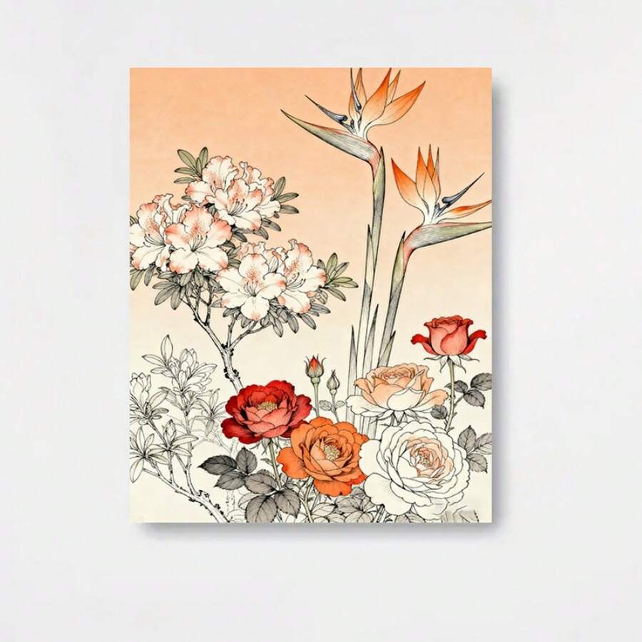 2D Plano, Pósters e Impresiones 1pc Pintura Decorativa Plana 2D, Sin Marco, 30X40/40X60, Arte Floral Tradicional de Oriente Asiático, Arreglo Floral Colorido Delicado, Ideal para Decoración del Hogar y Entusiastas del Arte, Colección de Dibujos de Artistas de Alta Calidad - Enmarcado - Ver 1