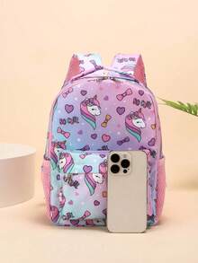 Mochila de excavadora de dibujos animados linda y de moda con patrón de estampado aleatorio - unicornio morado - Ver 2