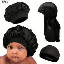 Awegeo 3pcs Kids Headscarf/Durag/Wave Cap - Solid Color Smooth Satin Fashion Casual Breathable Pirate Scarf/Wave Cap - 3Pcs - View 2