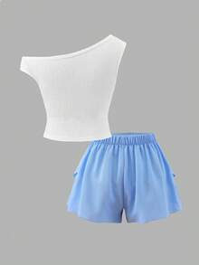 2pcs/Set Girls' Casual Asymmetric Ditsy Floral Camisole And Bow Tie Camisole Shorts Set, Summer - Baby Blue - View 3