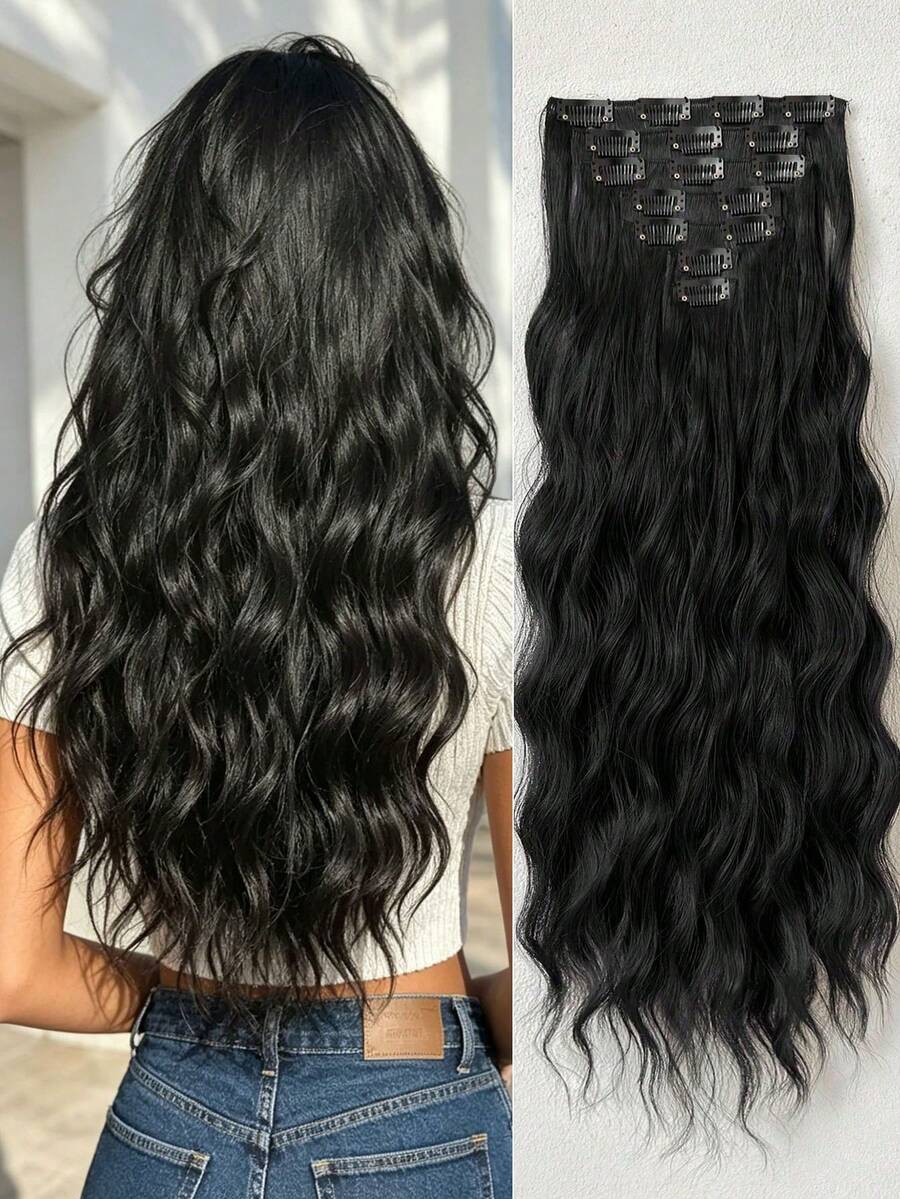 7pcs/Set Black 22 Inch Long Natural Wave Clip-In Hair Extensions, Heat Resistant Synthetic Hair Extensions For Women, Suitable For Party And Daily Wear