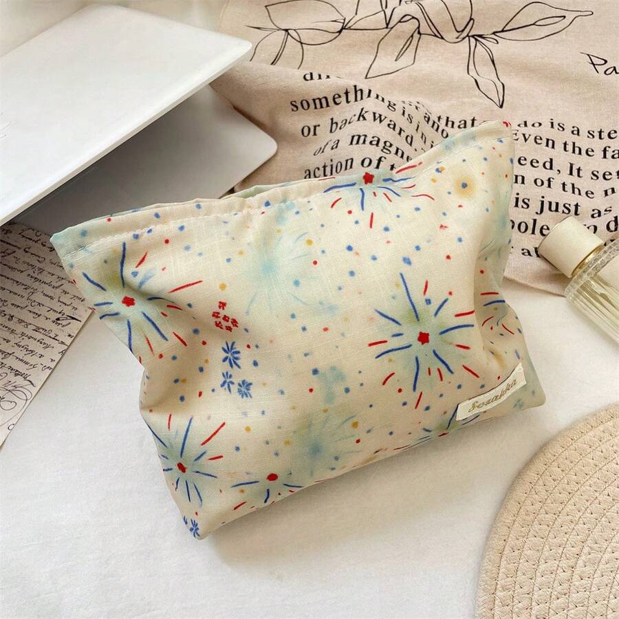 Bolsa de maquillaje con estampado de fuegos artificiales en beige claro, bolsa de aseo multifuncional de gran capacidad, adecuada para viajes, actuaciones, brochas de maquillaje, lápiz labial, cosméticos, almacenamiento conveniente, bolsa de maquillaje, regalo ideal del Día de San Valentín para mujeres