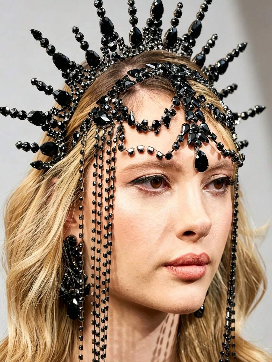 Exaggerated Rhinestone Crown Headband Carnival Geometric Tassel Headpiece Party Accessory - Multicolor - View 1