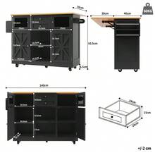 Kitchen Island, Serving Cart With Worktop, Sideboard, Wood-Finish Serving Cart, Side Towel Rack, Three-Dimensional Cupboard Doors On Casters, Adjustable Partitions, White - 黑色 - 查看 6
