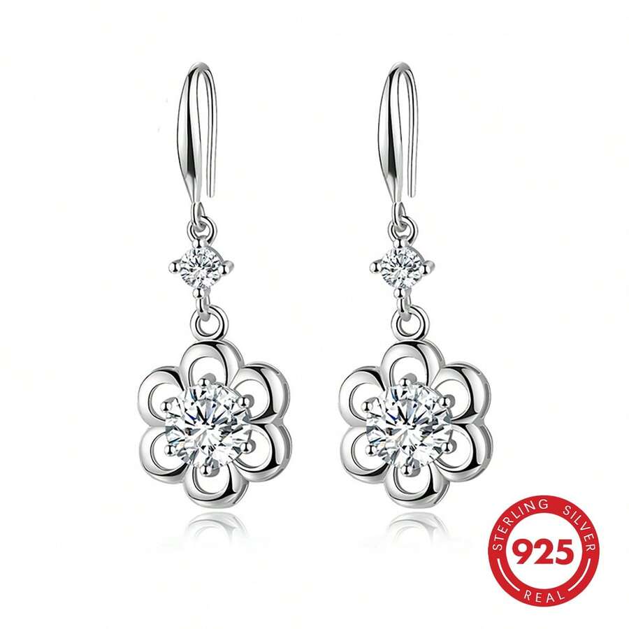 1 Pair Fashionable Cubic Zirconia Earrings, Elegant Luxury Design With Hollow Floral Pattern, 925 Sterling Silver Material, Suitable For Daily Casual Wear, Vacation, Wedding, Festivals, Birthday And Mother's Day Gifts - Silver - View 1