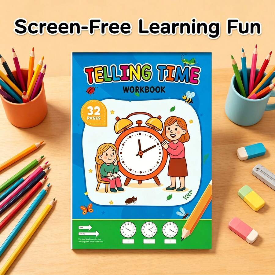 32-Page Telling Time Workbook Educational Gift For Kids,Analog Clock Practice Screen Free Learning For Kids Time Recognition With Coloring&Matching Games Clock Learning Workbook For Kids Age 3-6 - Clock - View 1